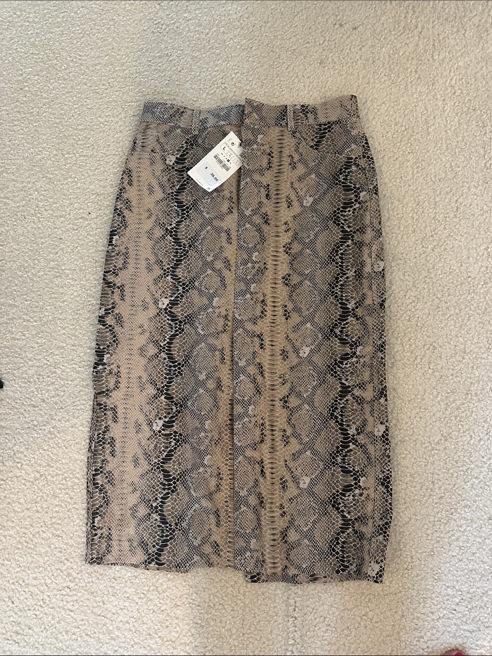Zara Beige and Black Snake-Print Midi Pencil Skirt